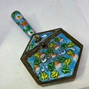 Vintage Chinese Brass and Cloisonne Silent Butler or Ash Tray, Hinged Lid Floral